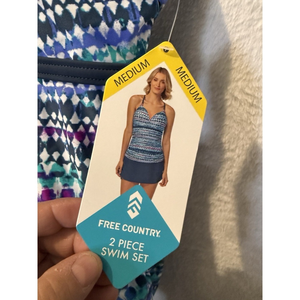 Free Country Tankini Swim Top Womens Medium Geometric Strappy Back Support‎ Blue